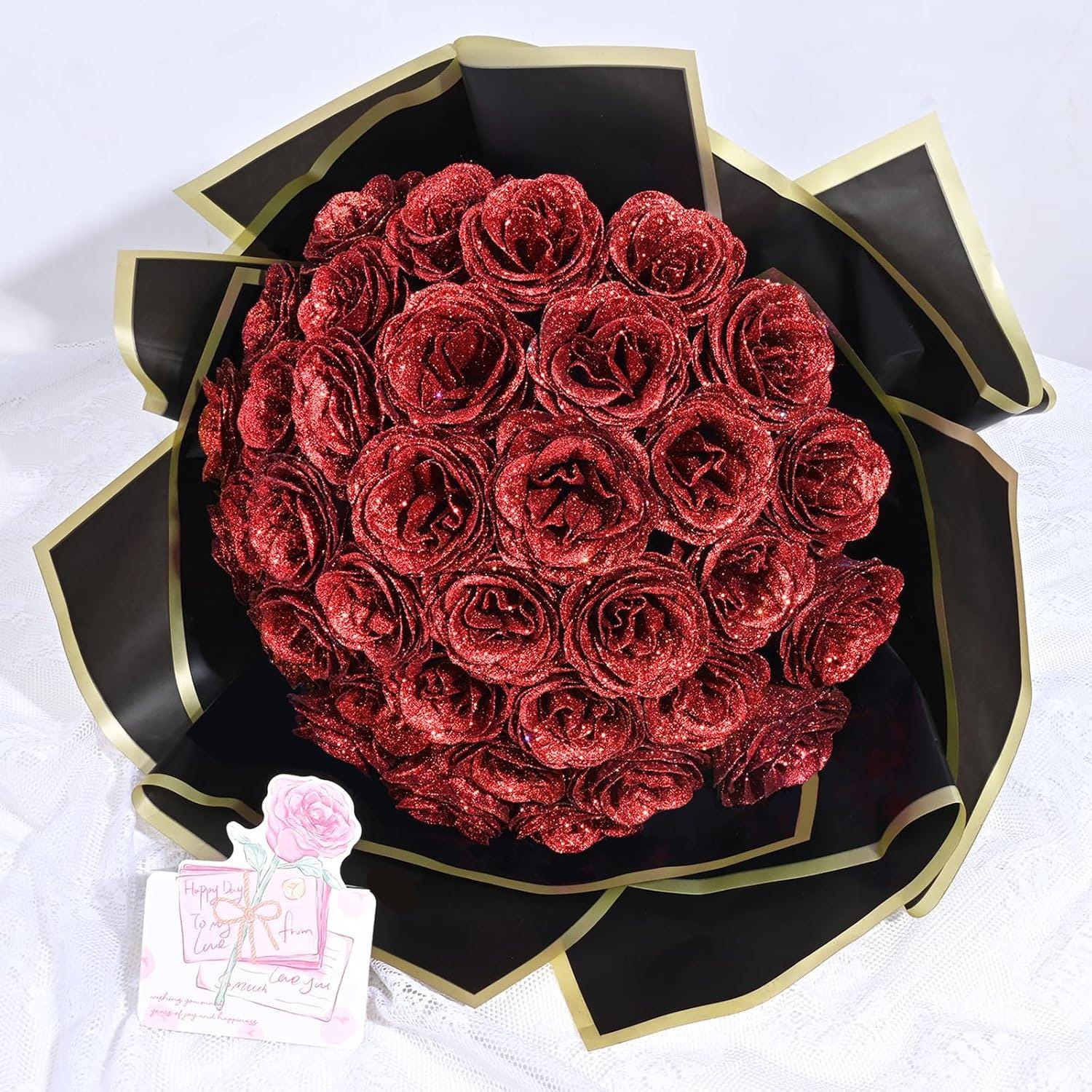 25 Rose Oro Glitterate Artificiali Con Cristalli | Fiori In Schiuma Per Bouquet E Decorazioni Nozze - 2