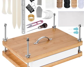 May include: A bookbinding kit with a bamboo press, two clamps, a handle, and a variety of tools including needles, thread, awls, bone folders, and a thimble.