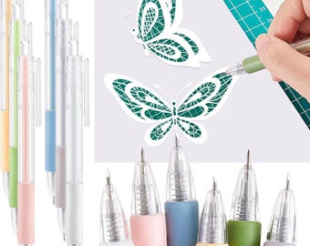 May include: Set of ten colorful pens with clear barrels and metal tips. The pens have a spring mechanism and are designed for crafting and drawing. The pens are shown on a white surface with two butterfly stencils.
