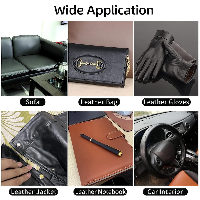 May include: A collage of images showcasing the wide application of leather care products. The images include a black leather sofa, a black leather bag with gold hardware, a pair of black leather gloves, a black leather jacket, a brown leather notebook, and a black leather car interior.