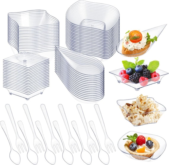 200 Stk Mini Vorspeisen Teller mit Löffel Gabeln Einweg Mini Dessert Teller Kunststoff Vorspeisen Schalen winzigen einzelnen Servierschalen