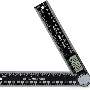 May include: Black digital angle ruler with a clear LCD display showing a 60.0-degree angle. The ruler has measurements in millimeters and inches, with the text "DIGITAL ANGLE RULER" printed on the surface.