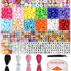 May include: A clear plastic organizer filled with various colorful beads, including letter beads, smiley face beads, and fruit-shaped beads. Also included are black, white, pink, and red cords, tweezers, and a spool of 0.8 crystal string, perfect for jewelry making.