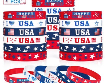 4th of July Party Favors Rubber Bracelets 30PCS USA American Flag Red White and Blue Silicone Wristbands for Kids Independence Day Party