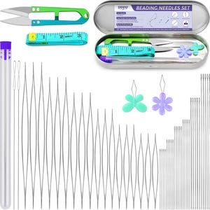 May include: A beading needles set with various tools. Includes a pair of green and silver scissors, a yellow and blue measuring tape, and a clear tube with a purple cap. Also features a metal case with the text "BEADING NEEDLES SET".
