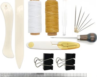 Bookbinding Tools, 16 Pieces Starter Tools Set Bone Folder Paper Creaser, Large-Eye Needles, Awl, Waxed Thread for DIY Bookbinding Crafts