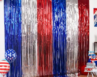 4th of July Decorations,Red White and Blue 3 Pack Tinsel Foil Fringe Curtains,4th of July Photo Booth Prop Streamer Backdrop