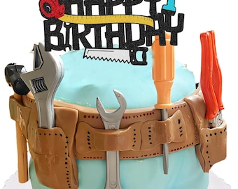 Cake Toppers For Men, Qoadwem Hand Tools Cake Topper Toolbox Wrench Hammer Mechanic Drill Plier Screwdrivers Themed Happy Birthday