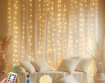 Fairy-gordijnverlichting opgewaardeerd 100% klitvrij warmwit USB-stekker in 8 standen Lichtslingers met afstandsbediening voor kerst, slaapkamer,