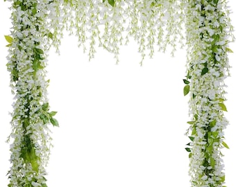Wisteria Artificial Flowers Garland, 4Pcs Total White Artificial Wisteria Vine Silk Hanging Flower for Home Garden Outdoor Ceremony Wedding