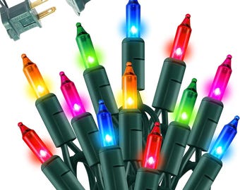 May include: A string of colorful Christmas lights with red, orange, yellow, green, blue, and pink bulbs. The lights are on a black wire and have a standard US plug. Perfect for holiday decorating.