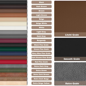 Può includere: Una tabella colori con campioni di pelle nei toni del nero, marrone, beige, grigio e bordeaux. La tabella include diverse trame di grana, come Litchi, Liscio e Retro. Ogni colore è etichettato con il suo nome.