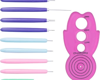 Puede incluir: Un conjunto de 10 herramientas de color morado, azul, rosa y azul claro con puntas metálicas para manualidades. Las herramientas están dispuestas en una fila con una herramienta de plástico rosa con tres círculos y el texto "Crafting Coach" en el lado derecho. Los círculos están etiquetados con medidas en milímetros: 1 mm, 1,7 mm y 2 mm.