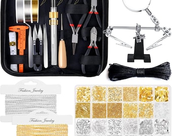 May include: A black zippered case with various jewelry making tools, including pliers, cutters, and a magnifying glass. The case also includes two spools of silver and gold chain, and a variety of beads and findings in a clear plastic container.