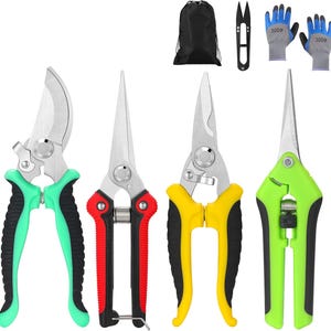 May include: Set of four gardening shears with different colored handles: green, red, yellow, and lime green. The shears have silver blades and are designed for pruning plants.