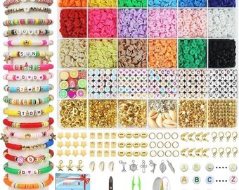 Kit para hacer pulseras con cuentas de arcilla 5100, cuentas planas preppy para hacer joyas de la amistad, cuentas de polímero Heishi con dijes, regalos para adolescentes