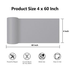 May include: A roll of gray adhesive tape, measuring 4 inches wide by 60 inches long. The tape is shown unrolled, with a close-up of the tape's texture. The image also includes icons representing the tape's features: powerful repair, easy to cut, wide use, and easy to use.