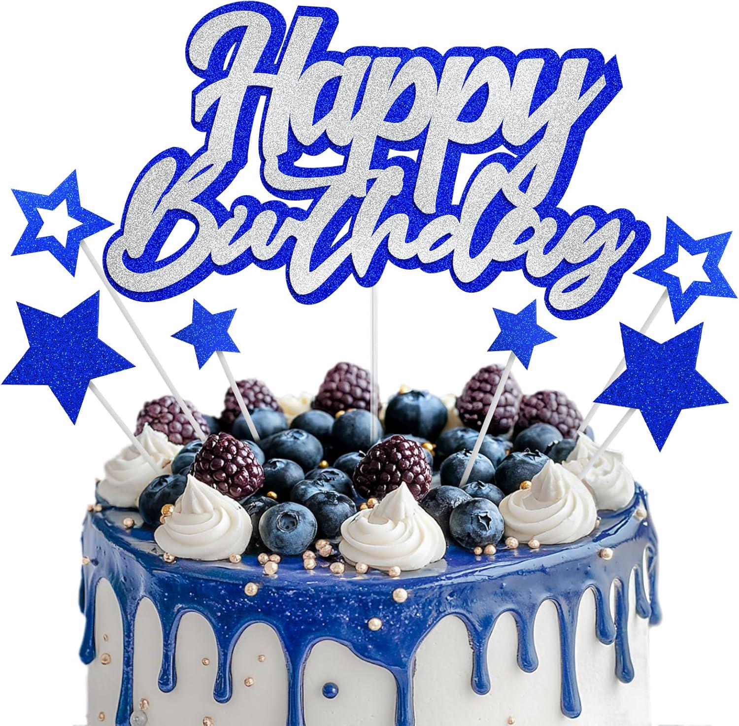 Pargleev Topper Per Torta Glitterato Personalizzabile – Scritta Happy Birthday In Blu E Argento – Decorazioni Per Feste Di Compleanno - 2