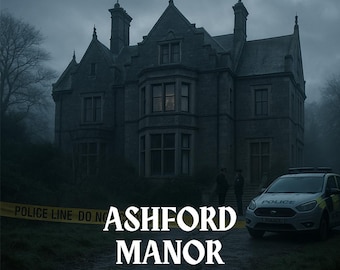 May include: A large, stone manor house under a cloudy sky. The text "ASHFORD MANOR" is displayed in white. A police car and yellow police tape are visible, suggesting a crime scene. Two figures stand near the house.