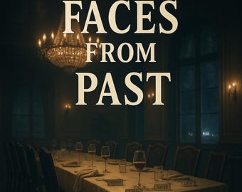 May include: A dimly lit dining room with a table set for a dinner party. The table is covered in a white tablecloth and has place cards for each guest. The place cards read "Martin", "Lacle", "Sarah", and "Dina". The words "Faces From Past" are displayed above the table in large, bold letters.