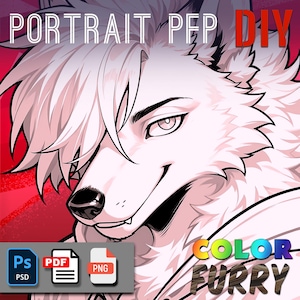 Könnte beinhalten: Eine digitale Illustration eines weißen Wolfes mit einem menschenähnlichen Gesicht. Der Wolf hat ein verschmitztes Lächeln und schaut nach rechts. Das Bild ist mit "Portrait PFP DIY" und "Color Furry" beschriftet. Das Bild ist in den Formaten PSD, PDF und PNG verfügbar.