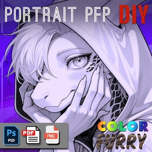 Puede incluir: Una ilustración en blanco y negro de un personaje peludo con una chaqueta con capucha. El personaje tiene un hocico y escamas en la cara. La imagen está etiquetada como "Portrait PFP DIY" y "Color Furry". La imagen está disponible en formatos PSD, PDF y PNG.