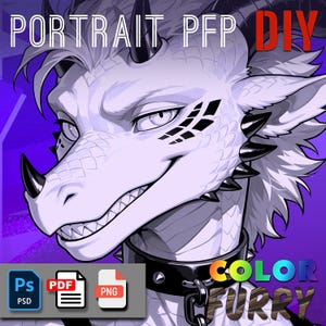 May include: A black and white line art illustration of a furry dragon with a spiked collar. The dragon has a sharp snout, a large eye, and a fierce expression. The text "PORTRAIT PFP DIY COLOR FURRY" is at the top of the image. The image is labeled with file formats: PSD, PDF, and PNG.