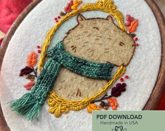 Capybara Embroidery Pattern PDF | Cute Fall Animal Hand Embroidery Craft for Instant Download Print and Stitch
