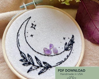 花柄三日月手刺繍サンプラー、DIYサンプラー、天体刺繍フープアート