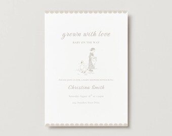 May include: A baby shower invitation with a cream background and a decorative border. The text "grown with love" and "Baby on the Way" are at the top. A drawing of a child and a goose is in the center. The invitation is for Christina Smith.