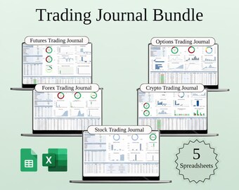 5-in-1 handelsdagboekbundel | Futures, forex, aandelen (Google Spreadsheets en Excel)