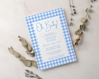 Blue Gingham Baby Shower Invite Canva Editable Template Boy Baby Shower Invitation Boys Baby Shower Invitations