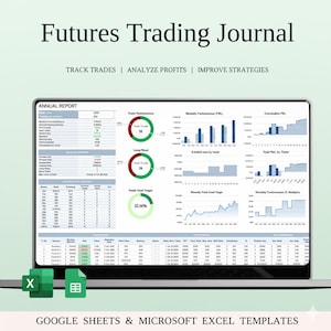May include: A laptop screen displaying a "Futures Trading Journal" with charts and data visualizations. The text includes "Track Trades, Analyze Profits, Improve Strategies." The bottom text reads "Google Sheets & Microsoft Excel Templates."