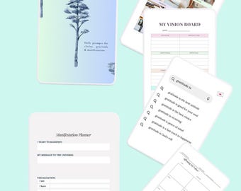 Peut inclure: Quatre pages imprimables pour un tableau de vision et un planificateur de manifestation. Les pages sont blanches avec du texte noir et comprennent des sections pour écrire des objectifs, des affirmations et des visualisations. Les pages sont conçues pour aider les gens à manifester leurs rêves et leurs objectifs.