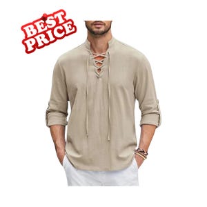 May include: A tan long-sleeve shirt with a lace-up neckline. The shirt has rolled-up sleeves and is paired with white pants. A red and white "BEST PRICE" graphic is in the upper left corner.