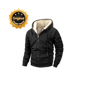 Puede incluir: Sudadera negra con cremallera y capucha forrada de sherpa beige. La chaqueta tiene un cordón y dos bolsillos delanteros. Una insignia dorada con la palabra "Original" está en la esquina superior izquierda.