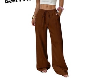 Women's Wide Leg Pants With Waist Belt, Casual Loose Trousers With Side Pockets Style
