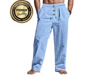Men's Elastic Waist Pants, Lightweight Summer Beach Trousers, Breathable Casual Fit, Solid Color Trousers