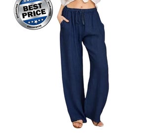 Pantalones anchos de algodón y lino para mujer con cintura elástica para mayor comodidad informal – Pantalones deportivos de corte holgado.