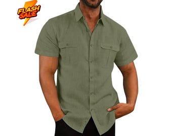 Men’s Cotton Linen Shirt: Short Sleeve Summer Casual Top, Solid Beachwear M-5XL