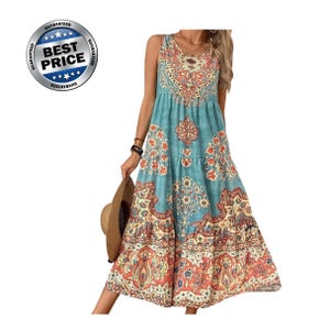 May include: A sleeveless, flowing dress in shades of teal, orange, and cream, featuring a detailed floral and paisley pattern. The dress has a tiered skirt and a round neckline. A round "BEST PRICE" badge is in the upper left corner.