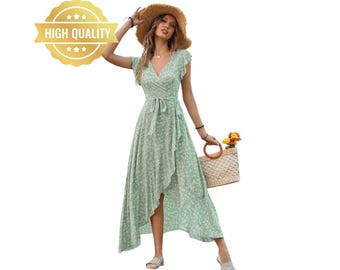 Women's Print Midi Dress,  Women’s V-Neck Short Sleeve Summer Dress, Women's A-Line Sundress