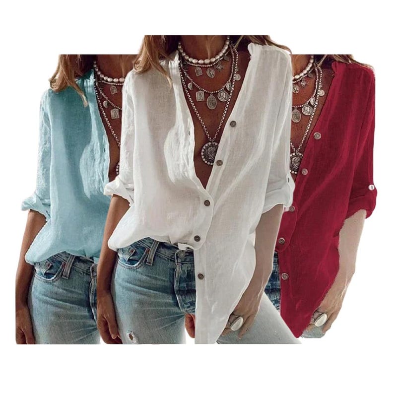 May include: Three button-down shirts in light blue, white, and red. The shirts have long sleeves that can be rolled up and are paired with blue jeans. Each shirt is unbuttoned at the top, revealing a layered necklace.