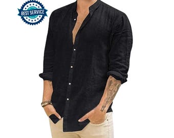 Men’s Cotton Linen Shirt: Long Sleeve Casual Beachwear with Stand Collar