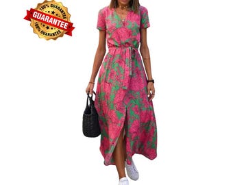 V-Neck Lace-Up Summer Dress: Elegant High Waist Gown with Print and Split Hem