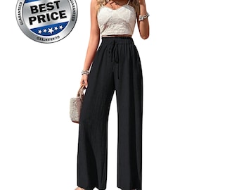 Pantalones de pierna ancha con cordón ajustable para mujer, cómodos, informales y holgados para verano.