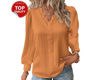 Women's Lace Blouse, Bohemian Lace Cotton Blouse, Summer V-Neck Long Sleeve Casual Top, Streetwear Top, Feminine Top