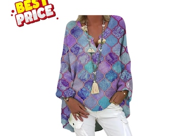 Oversized V Neck Cotton Linen Blouse with Long Sleeves and Casual Irregular Hem