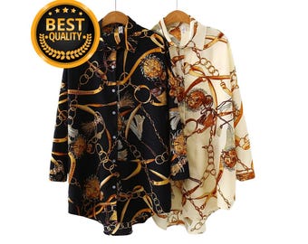 Women’s Vintage Shirt, Casual Loose Button Blouse, Sexy Oversized Top