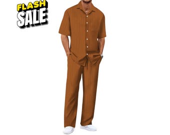 Men’s Summer Outfit Set: Breathable Linen Cotton Shirt & Pants, Casual Beachwear 2-Piece